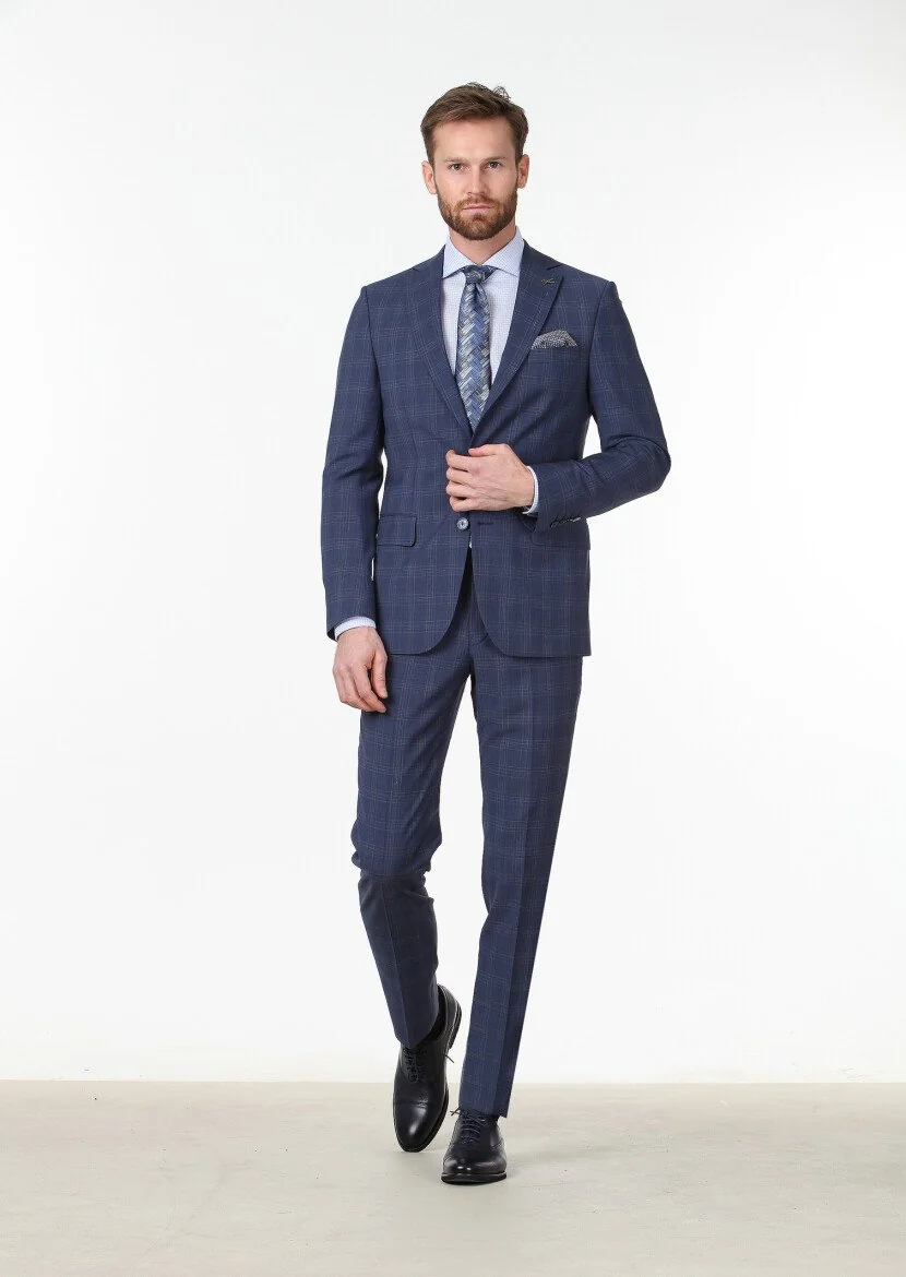 Açık Lacivert Kareli Modern Fit %100 Yün Takım Elbise - 2