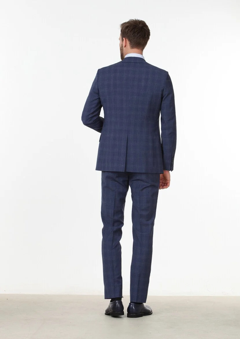 Açık Lacivert Kareli Modern Fit %100 Yün Takım Elbise - 4