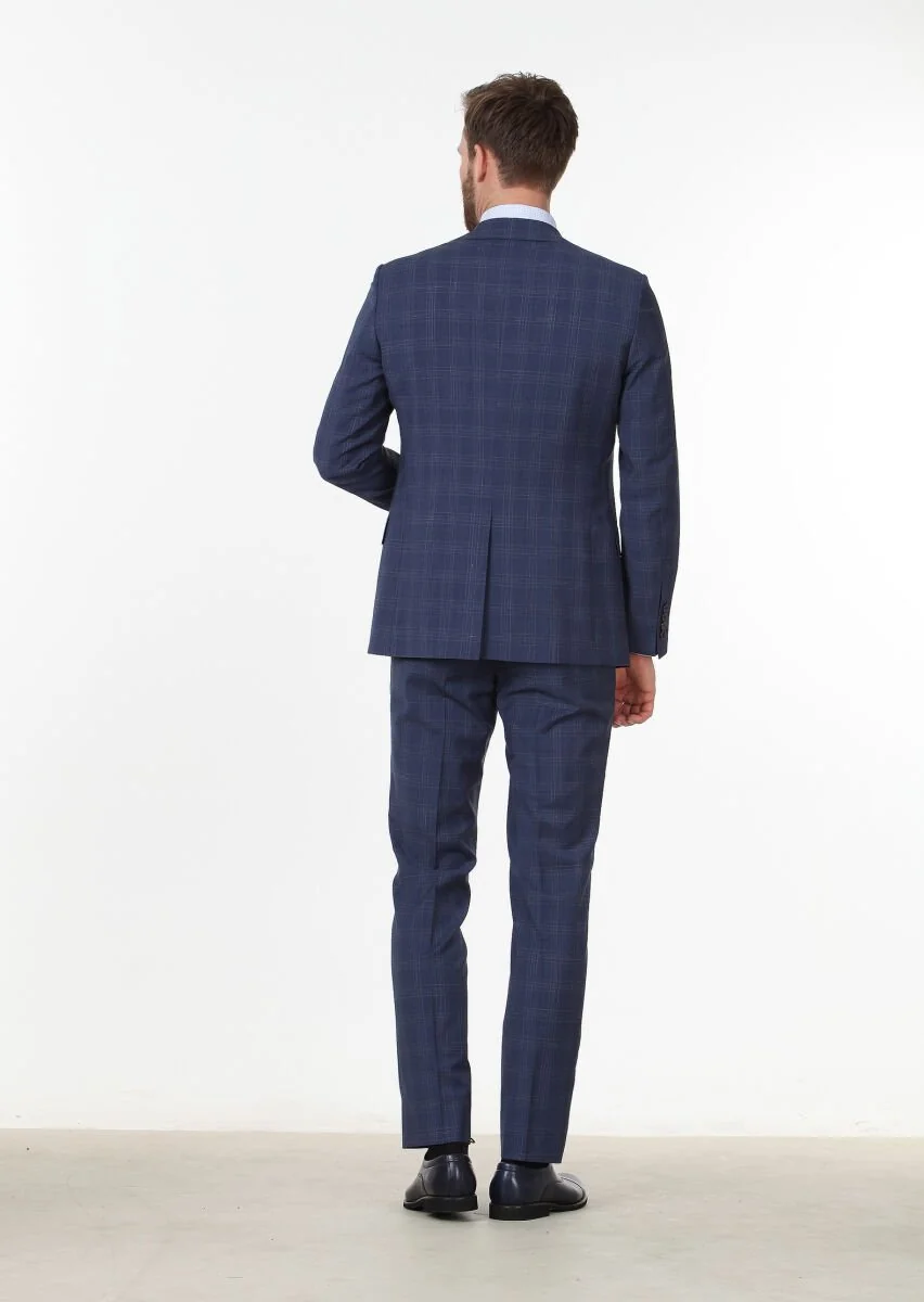 Açık Lacivert Kareli Modern Fit %100 Yün Takım Elbise - 4