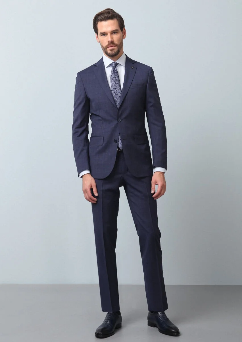 Açık Lacivert Kareli Modern Fit %100 Yün Takım Elbise - 4