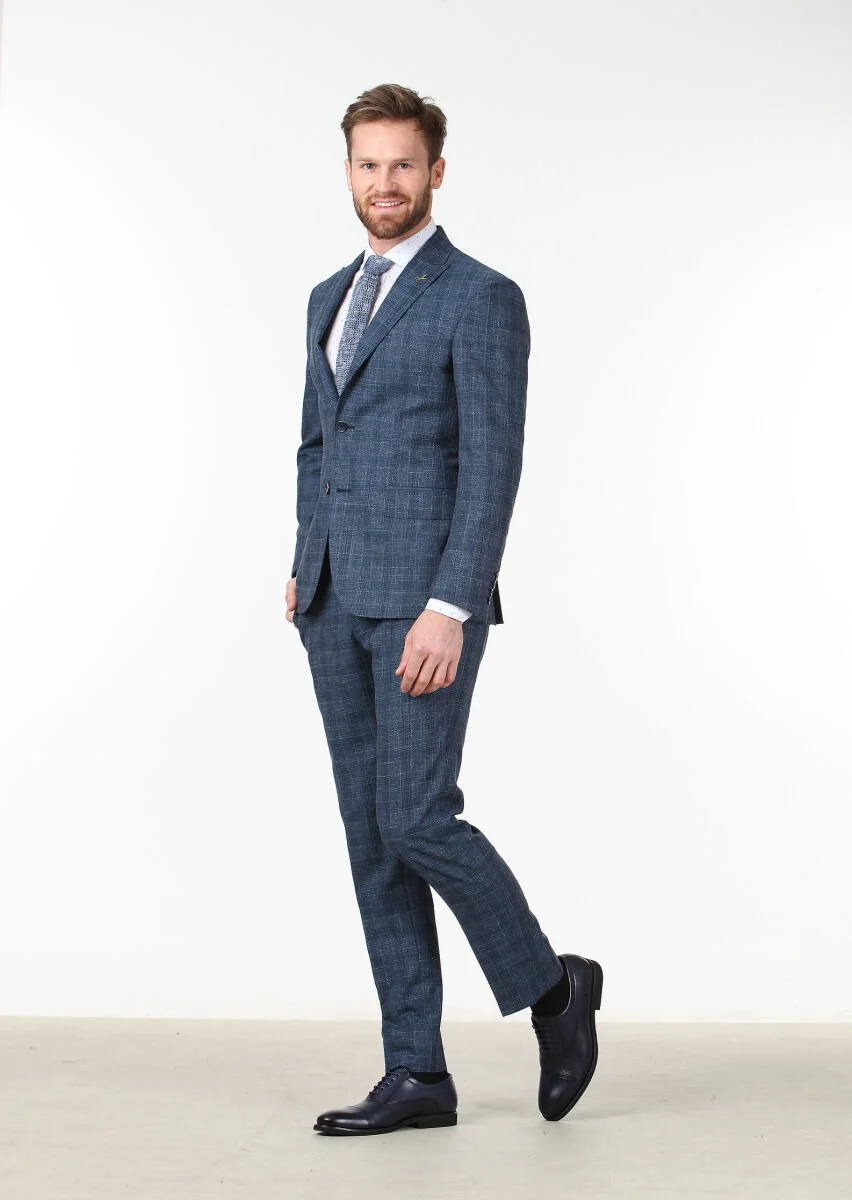 Açık Lacivert Kareli Zeroweight Slim Fit Yün Karışımlı Takım Elbise - 2