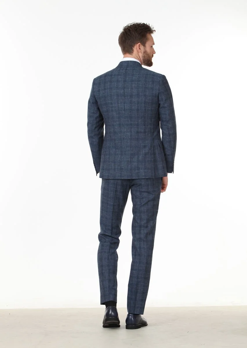 Açık Lacivert Kareli Zeroweight Slim Fit Yün Karışımlı Takım Elbise - 4