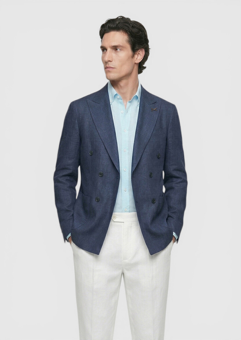 Açık Lacivert Zeroweight Slim Fit %100 Keten Ceket - 3