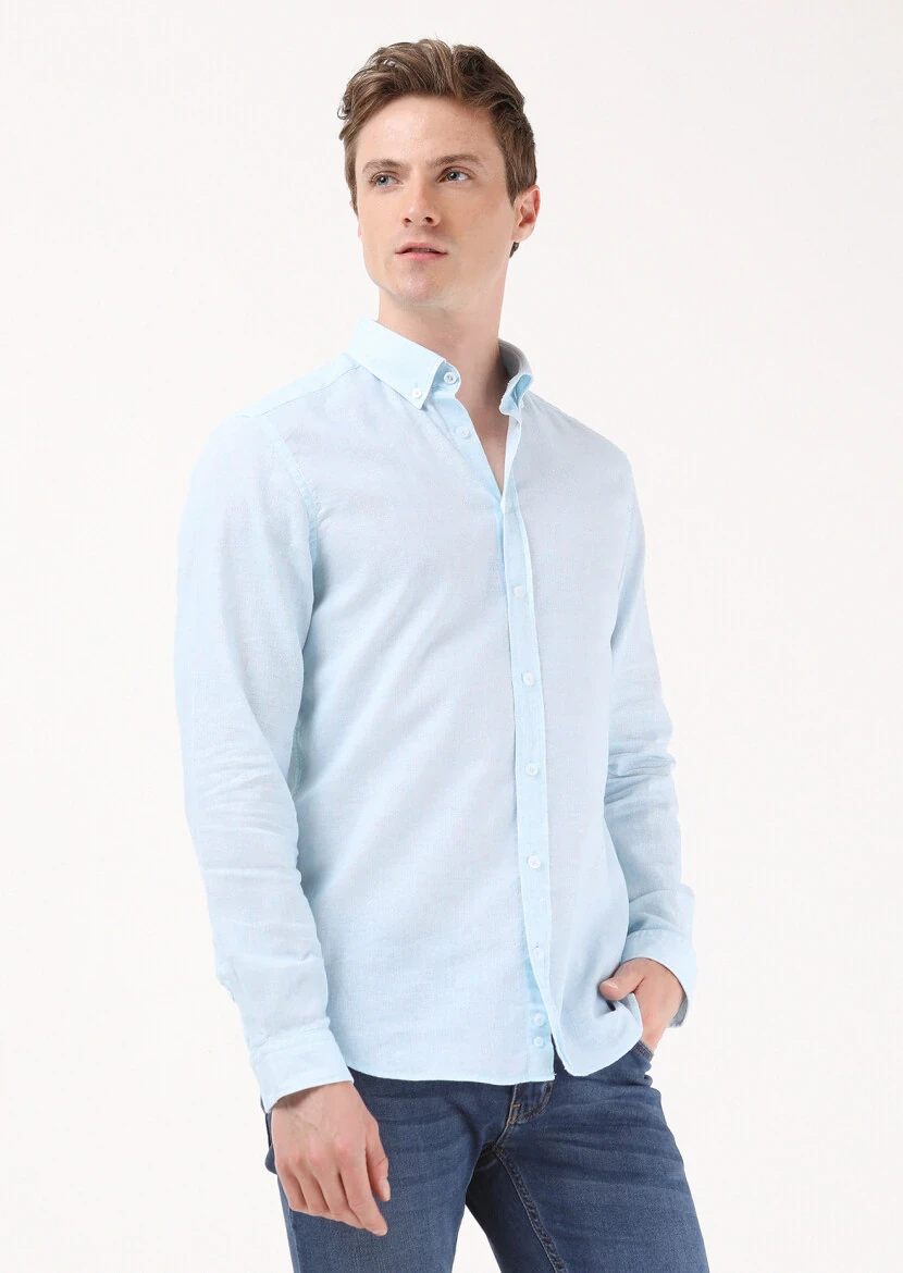 Açık Mavi Baskılı Regular Fit Dokuma Casual Pamuk Karışımlı Gömlek 