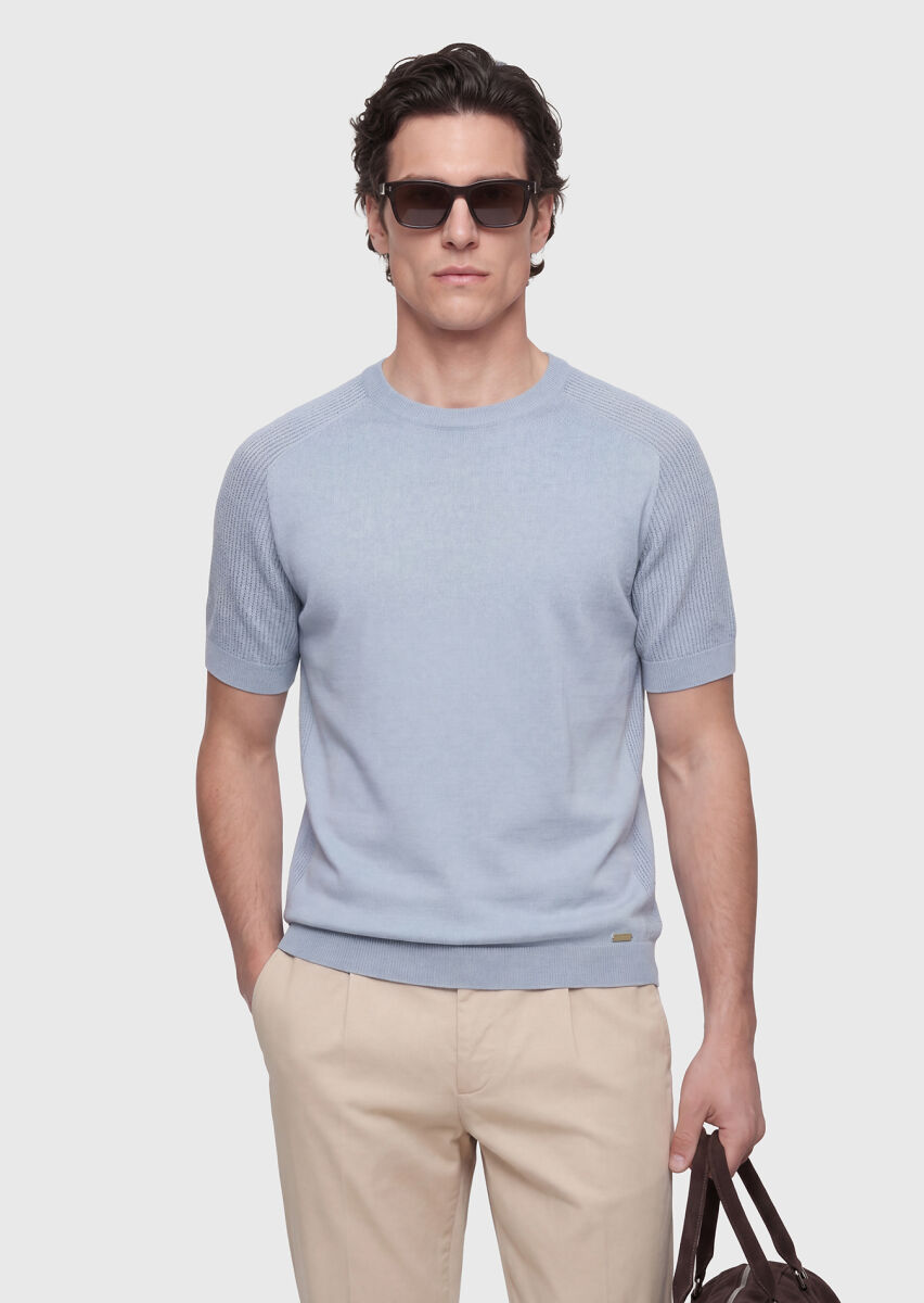Açık Mavi Bisiklet Yaka Jakarlı Keten Karışımlı Triko - 1