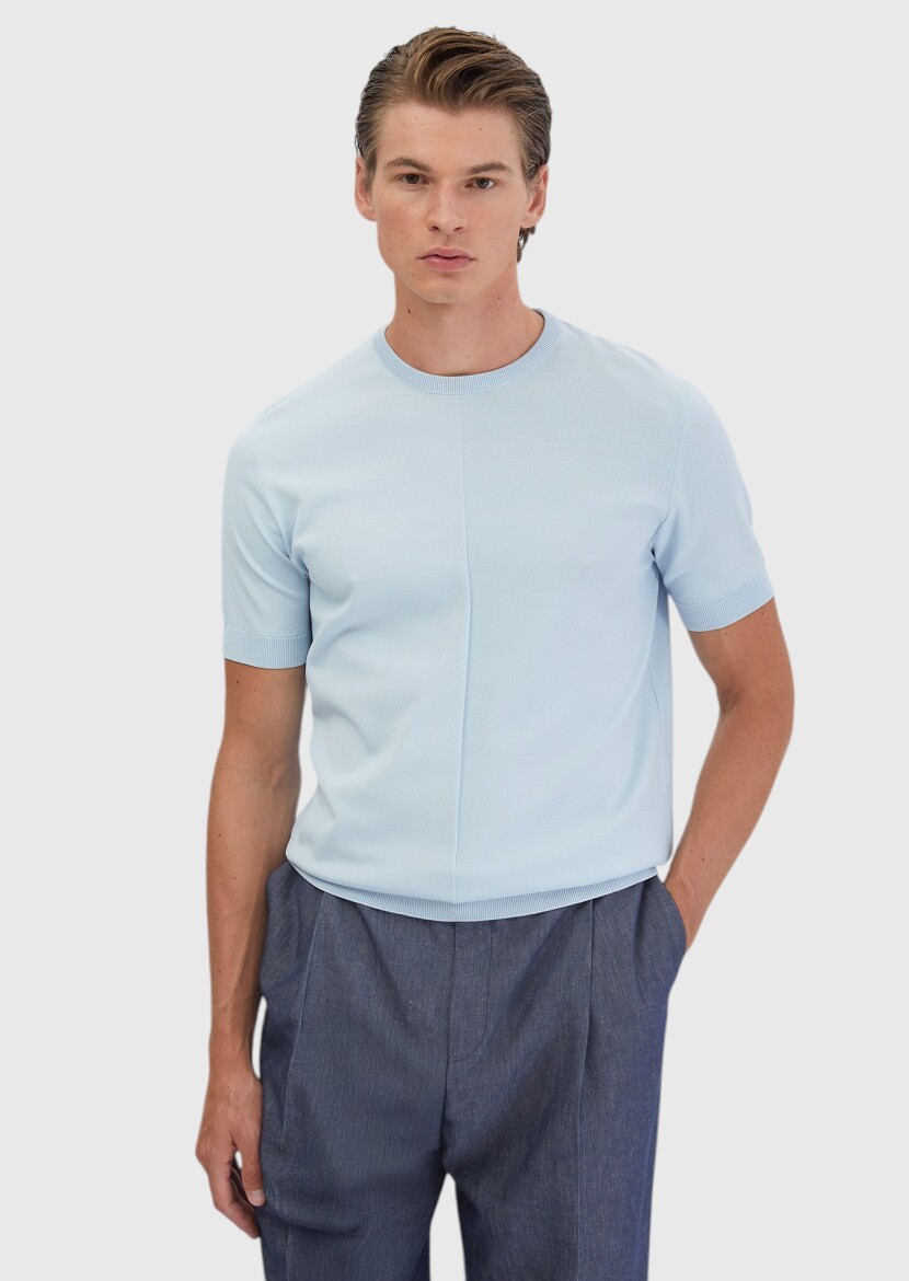Açık Mavi Bisiklet Yaka Jakarlı Triko - 1