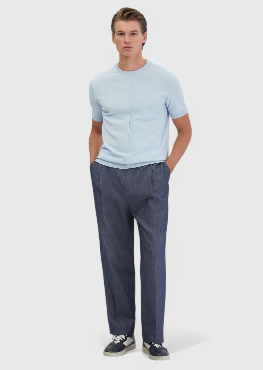 Açık Mavi Bisiklet Yaka Jakarlı Triko - 2