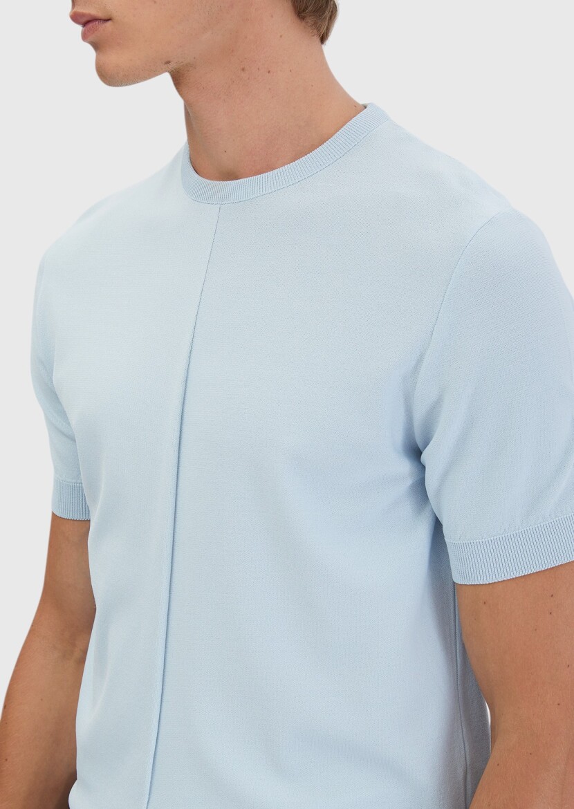 Açık Mavi Bisiklet Yaka Jakarlı Triko - 4