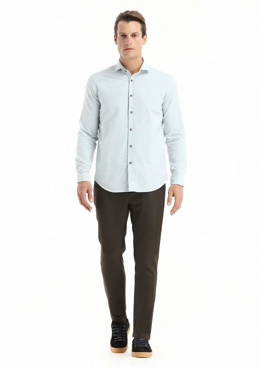 Açık Mavi Çizgili Regular Fit Dokuma Casual %100 Pamuk Gömlek - 1