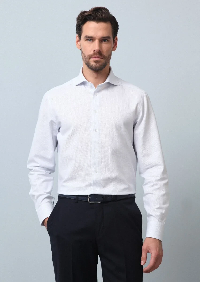 Açık Mavi Çizgili Regular Fit Dokuma Klasik %100 Pamuk Gömlek - 4