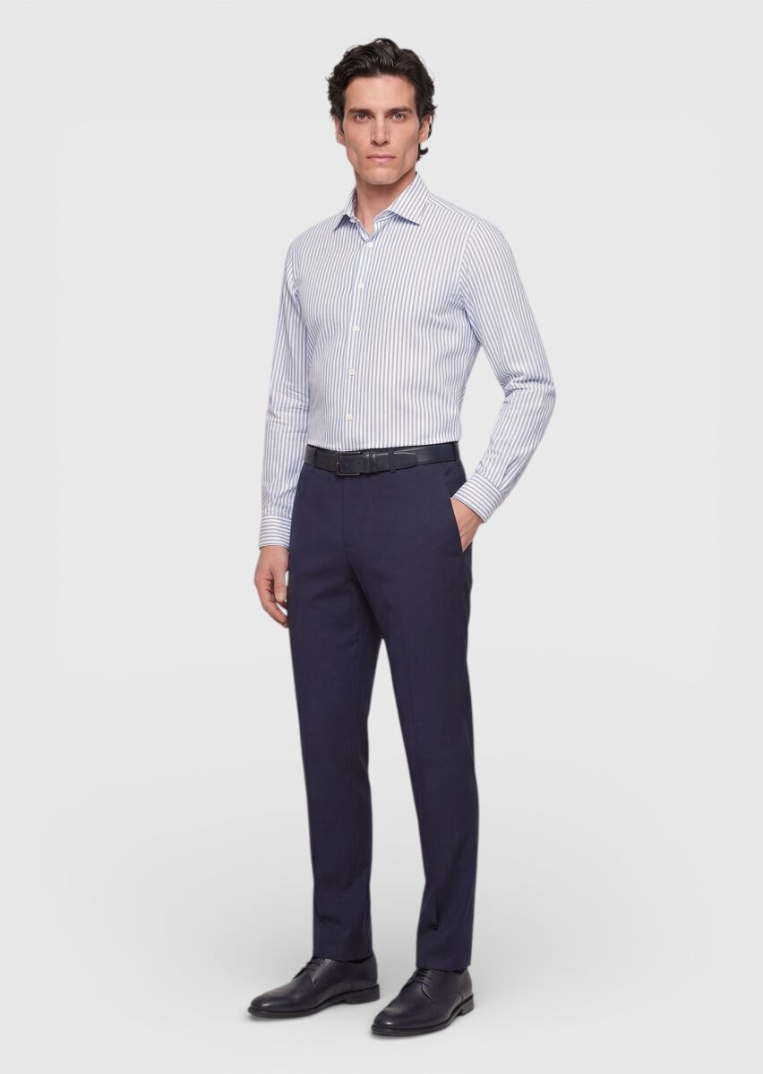 Açık Mavi Çizgili Regular Fit Dokuma Klasik İpek Karışımlı Gömlek - 2