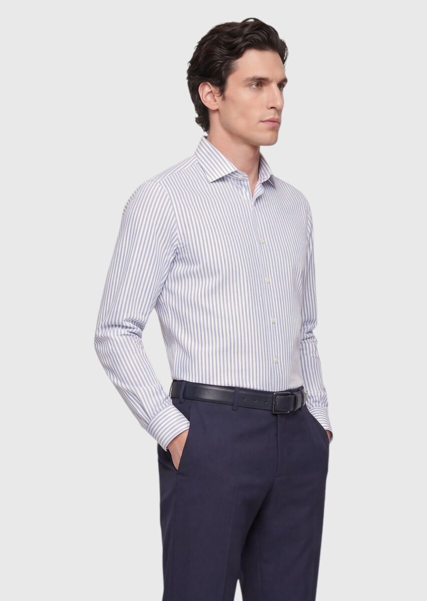 Açık Mavi Çizgili Regular Fit Dokuma Klasik İpek Karışımlı Gömlek - 3