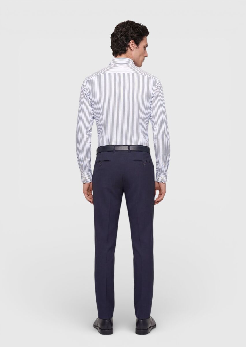 Açık Mavi Çizgili Regular Fit Dokuma Klasik İpek Karışımlı Gömlek - 4