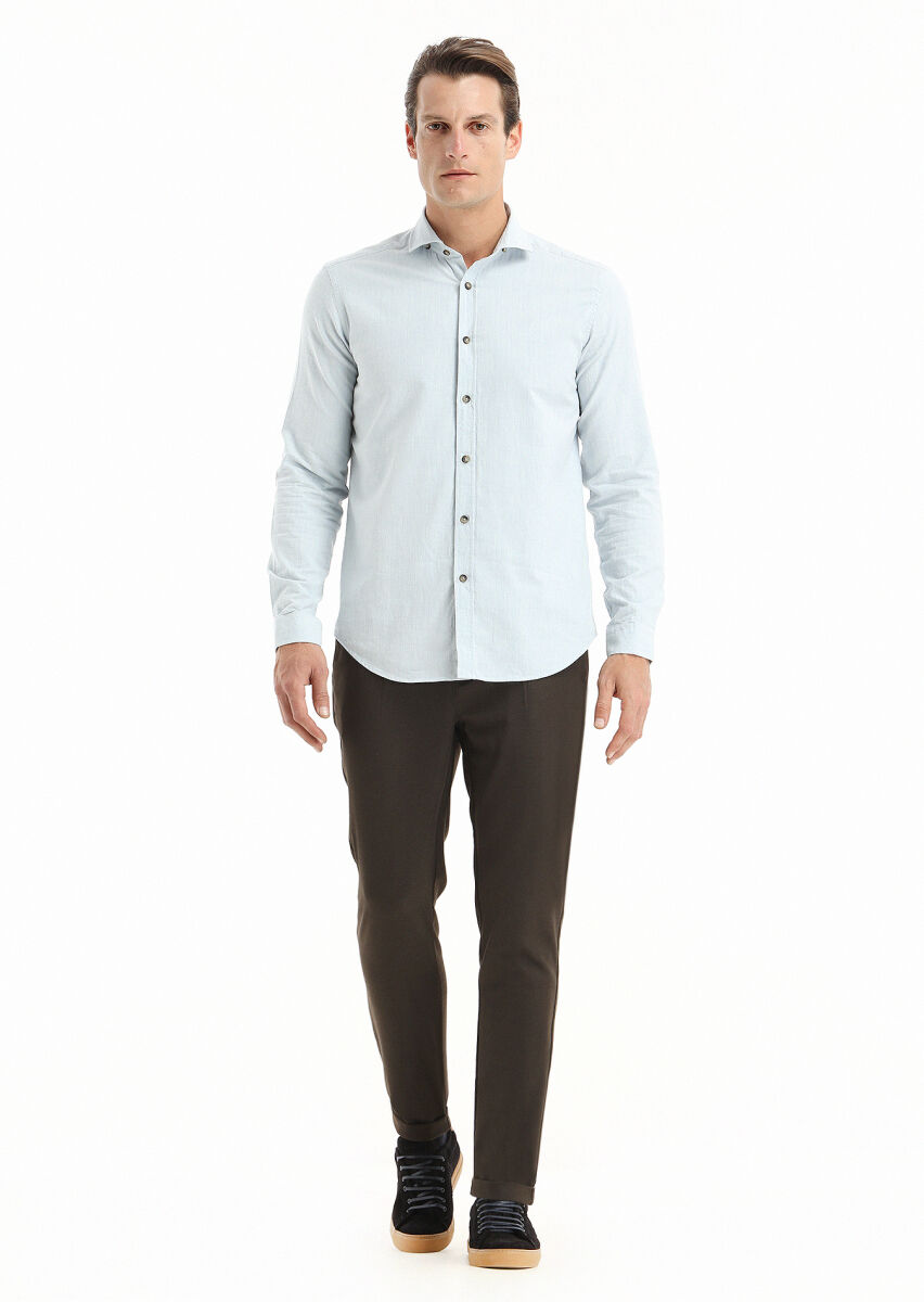 Açık Mavi Çizgili Regular Fit Uzun Dokuma Casual %100 Pamuk Gömlek - 1