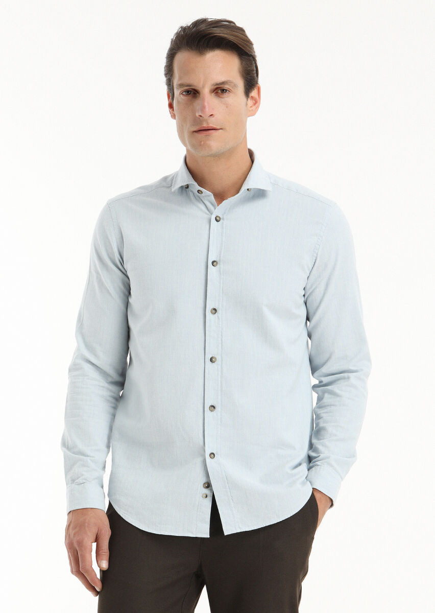 Açık Mavi Çizgili Regular Fit Uzun Dokuma Casual %100 Pamuk Gömlek - 2