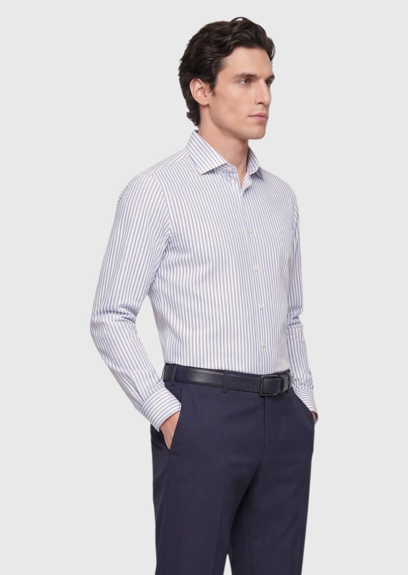 Açık Mavi Çizgili Regular Fit Uzun Dokuma Klasik İpek Karışımlı Gömlek - 3