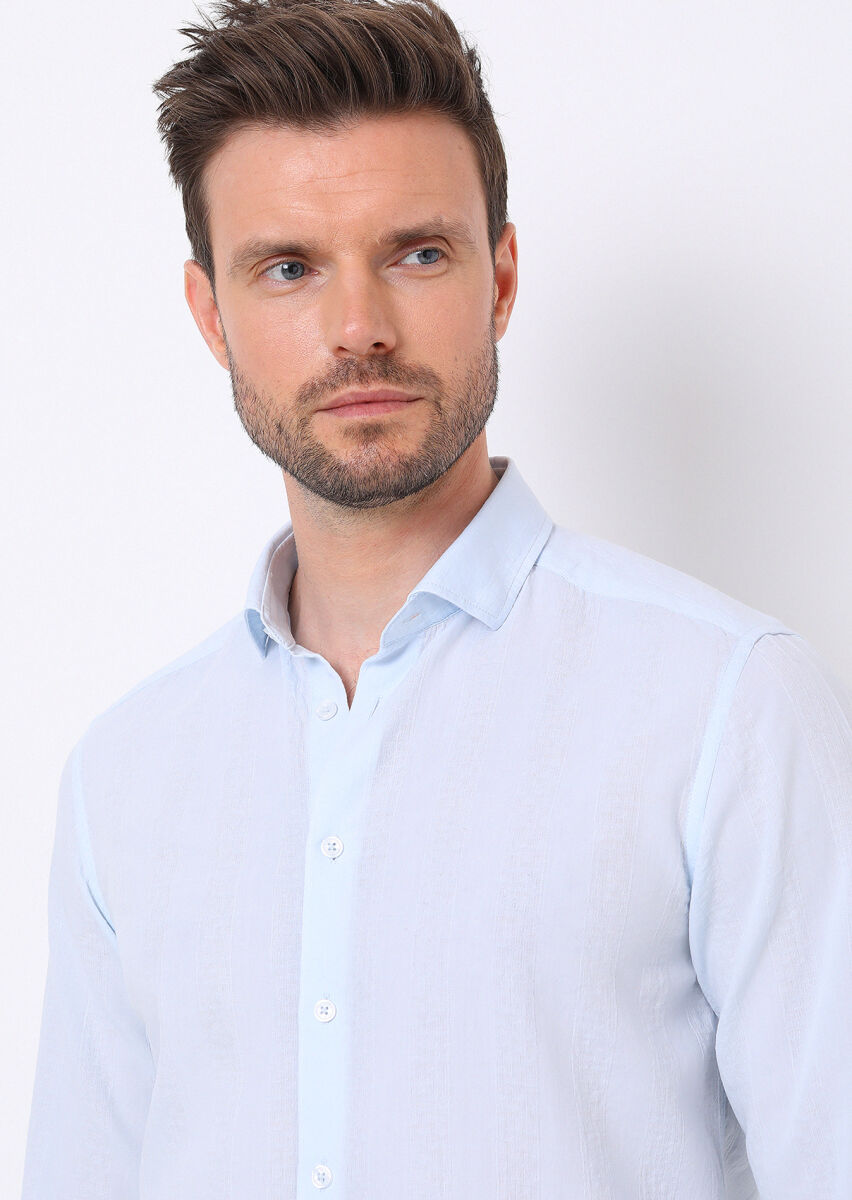 Açık Mavi Çizgili Slim Fit Uzun Dokuma Casual %100 Pamuk Gömlek - 2