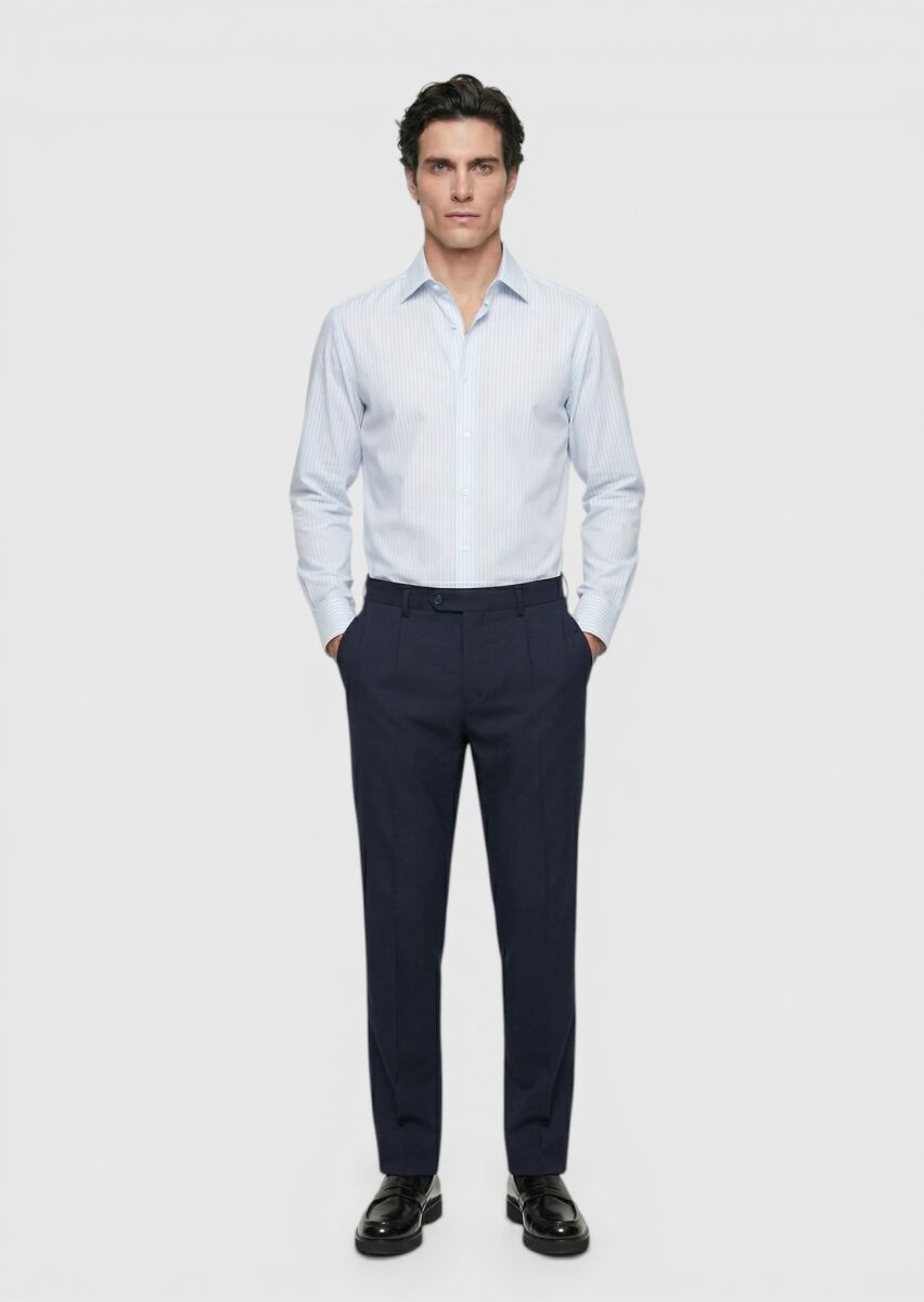 Açık Mavi Çizgili Uzun Dokuma Klasik %100 Pamuk Gömlek - 4
