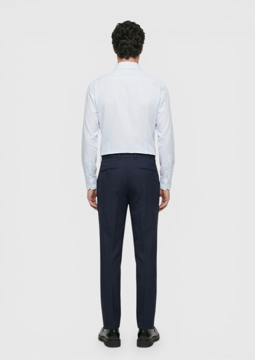 Açık Mavi Çizgili Uzun Dokuma Klasik %100 Pamuk Gömlek - 5