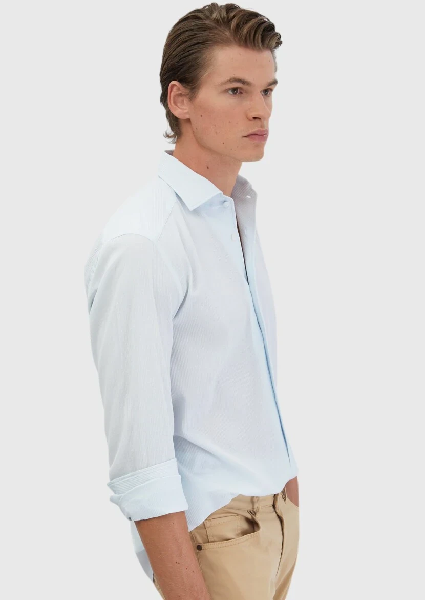 Açık Mavi Düz Casual Fit Dokuma Casual %100 Pamuk Gömlek - 5