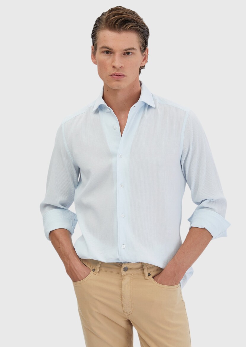Açık Mavi Düz Casual Fit Uzun Dokuma Casual %100 Pamuk Gömlek - RAMSEY