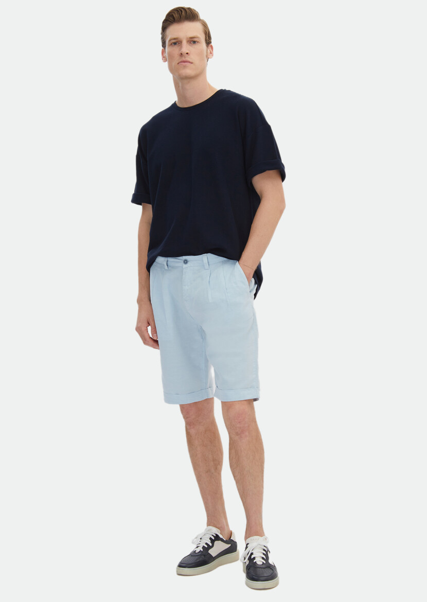 Açık Mavi Düz Dokuma Carrot Fit Casual %100 Pamuk Bermuda - RAMSEY