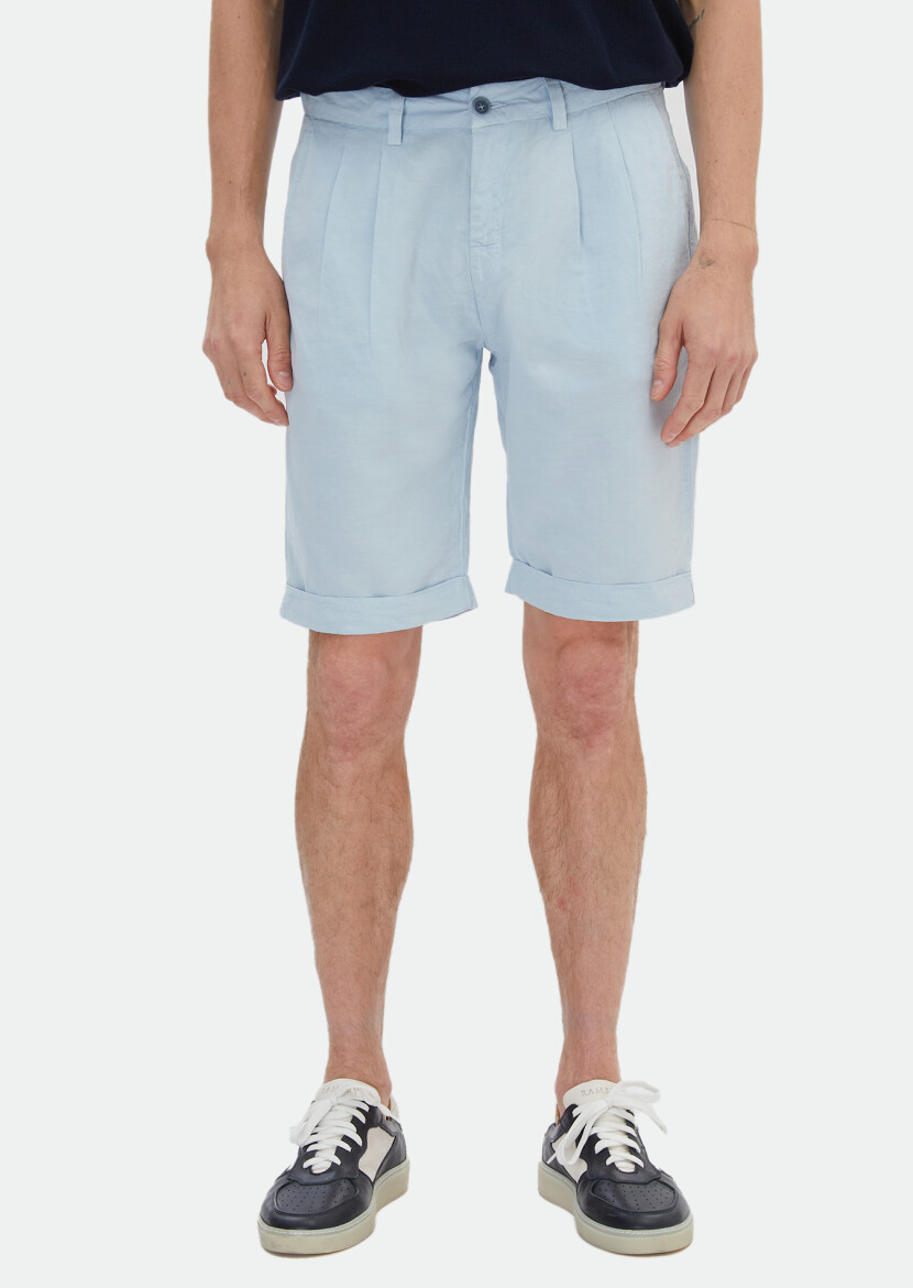 Açık Mavi Düz Dokuma Carrot Fit Casual %100 Pamuk Bermuda 