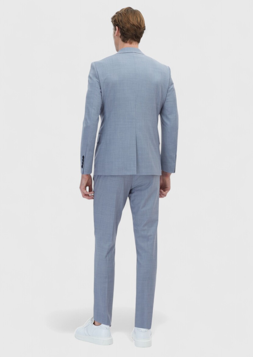 Açık Mavi Düz Modern Fit Yün Karışımlı Takım Elbise - 7