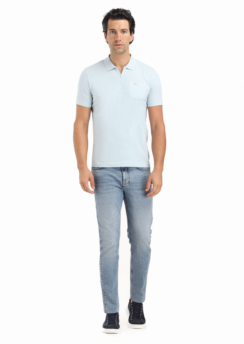 Açık Mavi Düz Polo Yaka Pamuk Karışımlı T-Shirt - 1