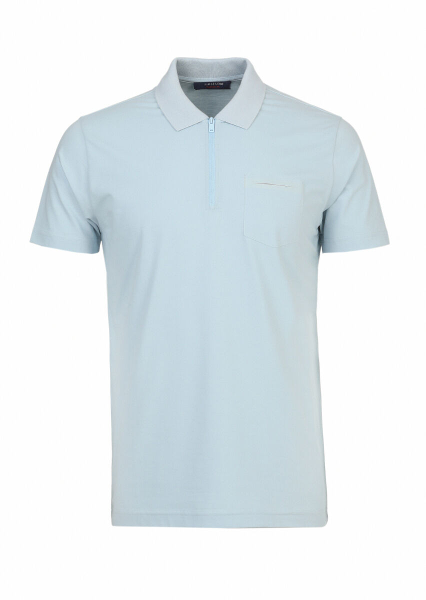 Açık Mavi Düz Polo Yaka Pamuk Karışımlı T-Shirt - 3