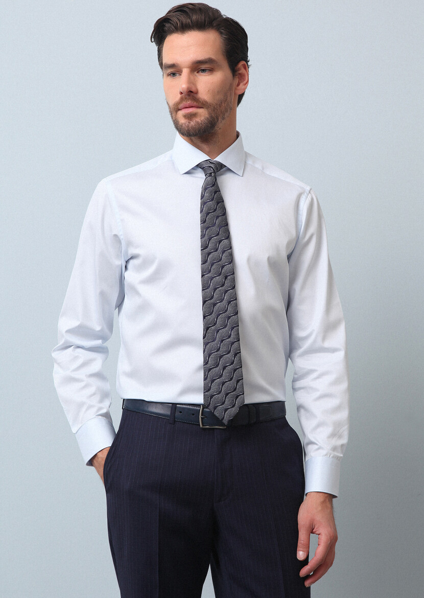 Açık Mavi Düz Regular Fit Dokuma Klasik %100 Pamuk Gömlek - 4