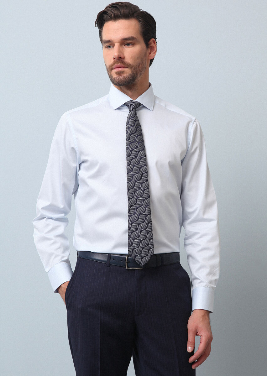 Açık Mavi Düz Regular Fit Dokuma Klasik %100 Pamuk Gömlek - 4