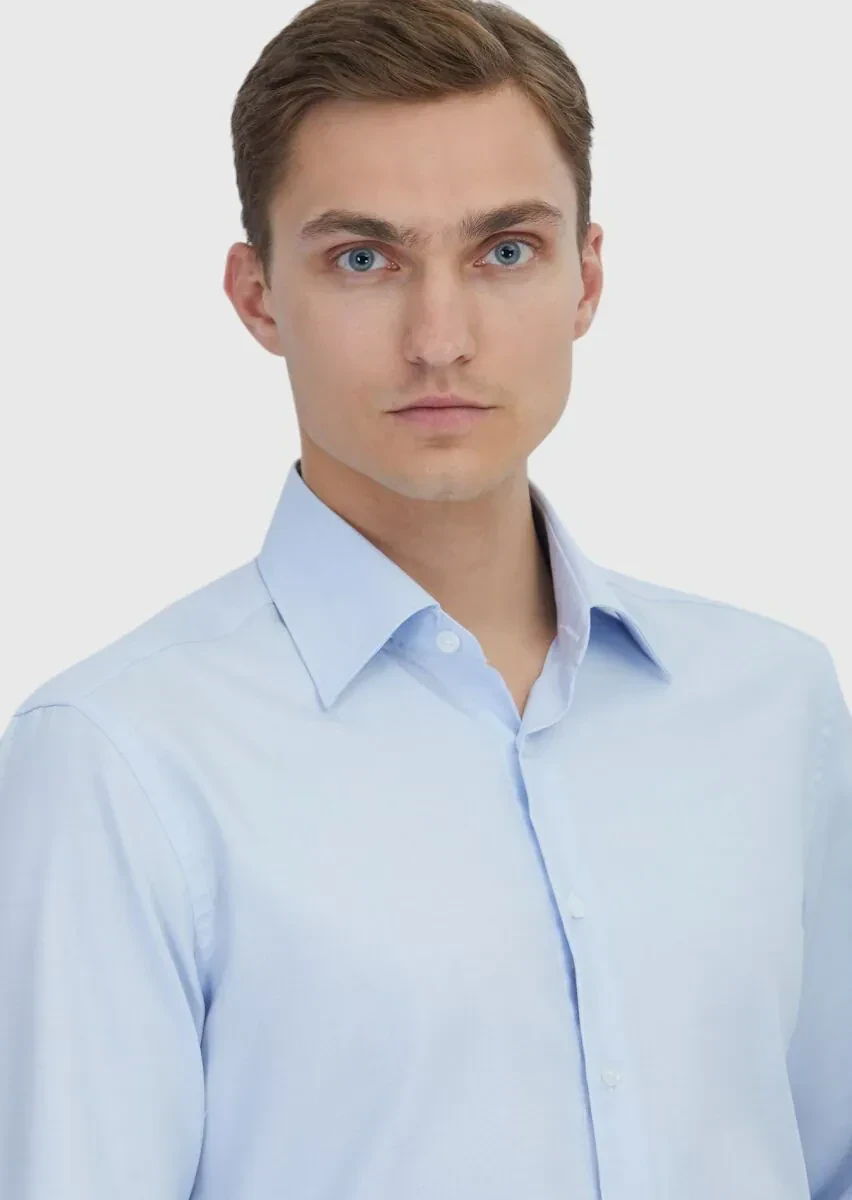 Açık Mavi Düz Regular Fit Dokuma Klasik %100 Pamuk Gömlek - 3