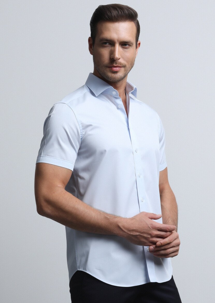 Açık Mavi Düz Regular Fit Dokuma Klasik Pamuk Karışımlı Gömlek - 3