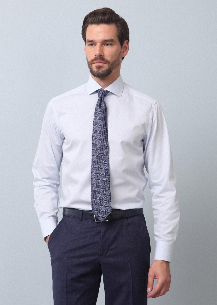 Açık Mavi Düz Regular Fit Uzun Dokuma Klasik Pamuk Karışımlı Gömlek - 3