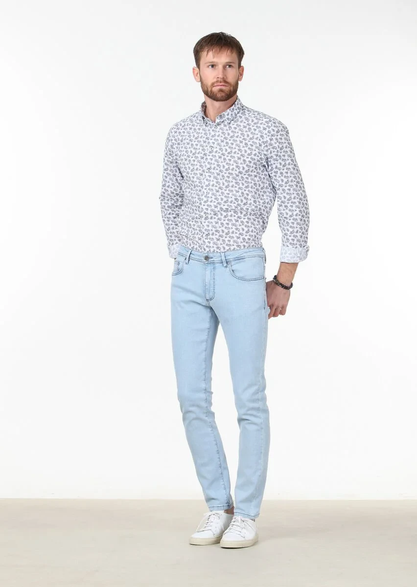 Açık Mavi Düz Slim Fit Denim Pamuk Karışımlı Pantolon - 2