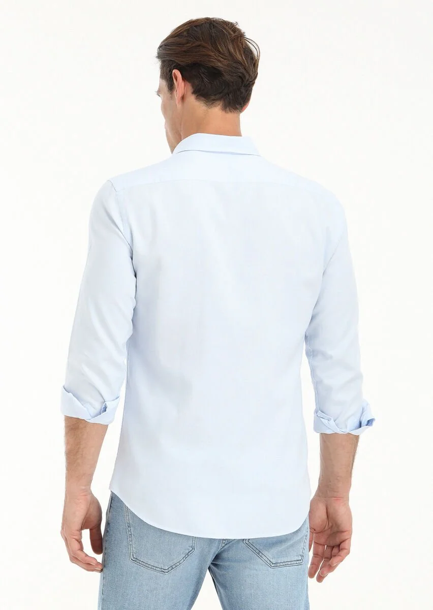 Açık Mavi Düz Slim Fit Dokuma Casual %100 Pamuk Gömlek - 4