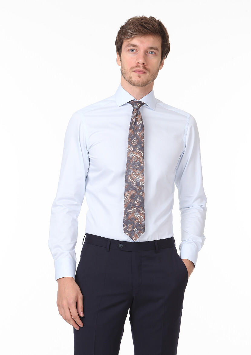 Açık Mavi Düz Slim Fit Dokuma Klasik %100 Pamuk Gömlek 