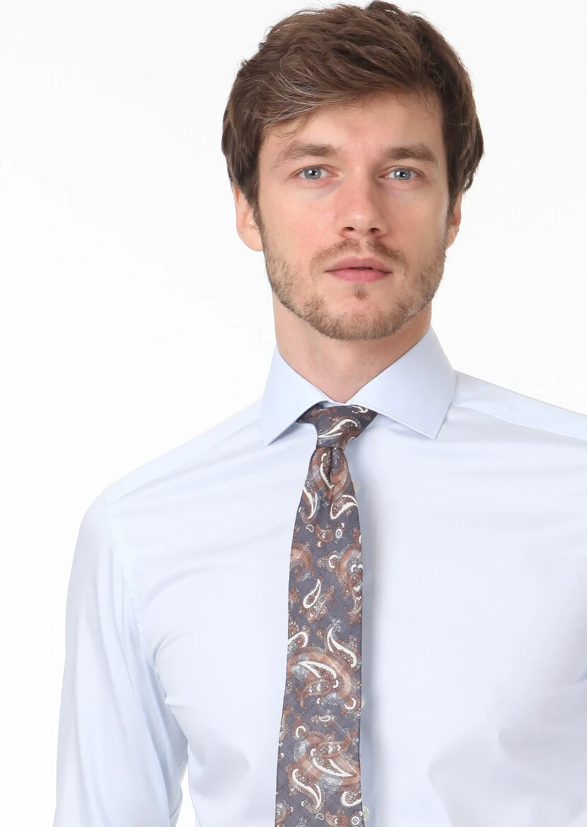 Açık Mavi Düz Slim Fit Dokuma Klasik %100 Pamuk Gömlek 