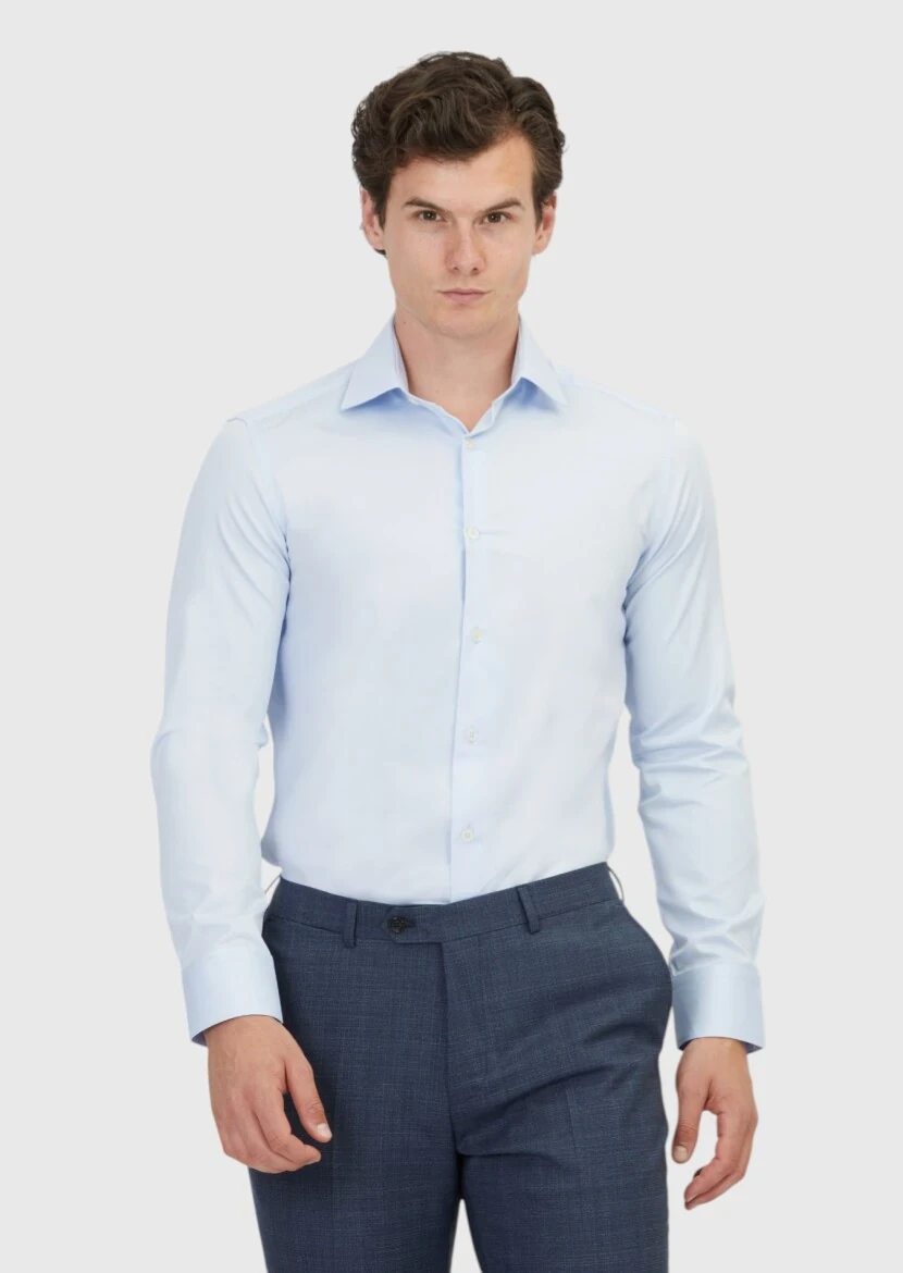 Açık Mavi Düz Slim Fit Dokuma Klasik %100 Pamuk Gömlek - 1