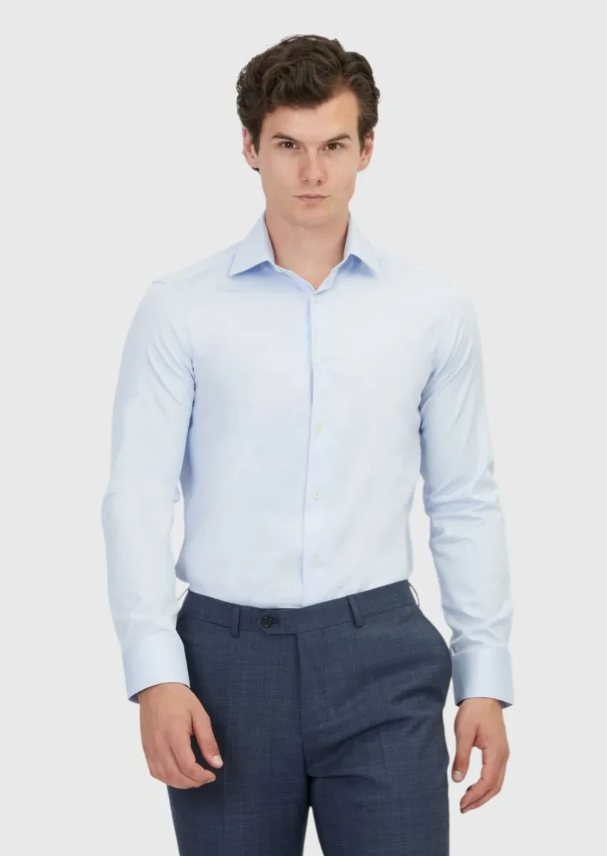 Açık Mavi Düz Slim Fit Dokuma Klasik %100 Pamuk Gömlek - 1