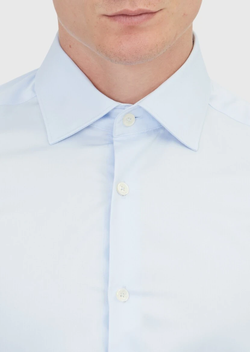 Açık Mavi Düz Slim Fit Dokuma Klasik %100 Pamuk Gömlek - 3
