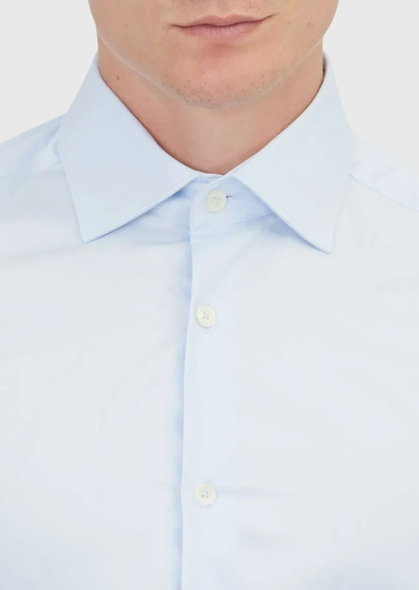 Açık Mavi Düz Slim Fit Dokuma Klasik %100 Pamuk Gömlek - 3