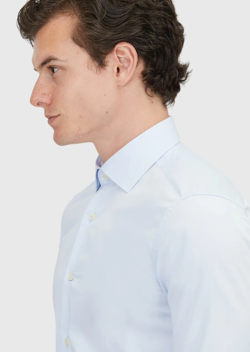 Açık Mavi Düz Slim Fit Dokuma Klasik %100 Pamuk Gömlek - 4