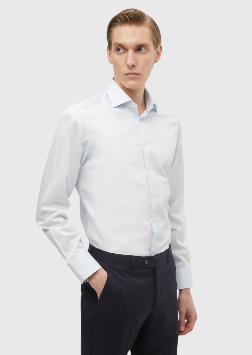 Açık Mavi Düz Slim Fit Dokuma Klasik %100 Pamuk Gömlek - 1