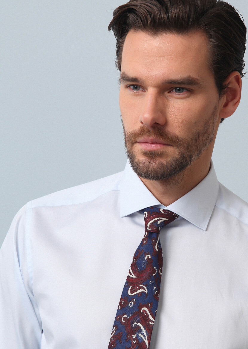 Açık Mavi Düz Slim Fit Dokuma Klasik Pamuk Karışımlı Gömlek 