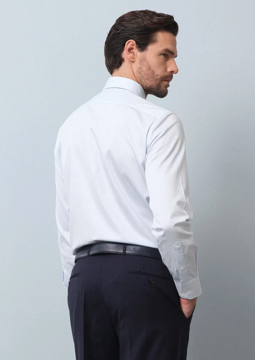 Açık Mavi Düz Slim Fit Dokuma Klasik Pamuk Karışımlı Gömlek - 5