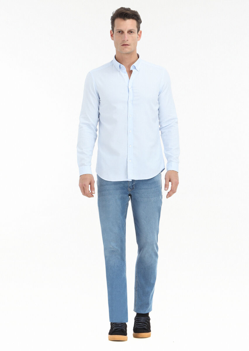 Açık Mavi Düz Slim Fit Uzun Dokuma Casual %100 Pamuk Gömlek - 1
