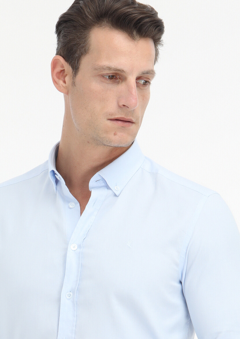 Açık Mavi Düz Slim Fit Uzun Dokuma Casual %100 Pamuk Gömlek - 3