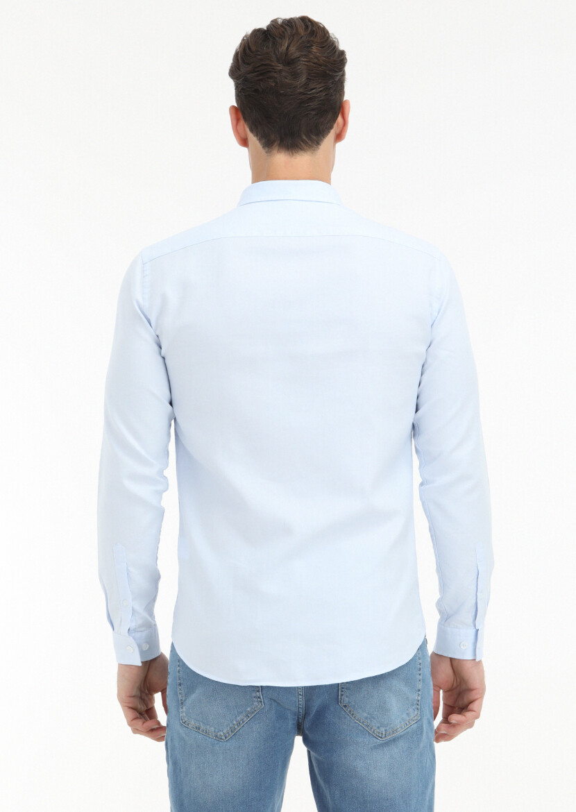 Açık Mavi Düz Slim Fit Uzun Dokuma Casual %100 Pamuk Gömlek - 4
